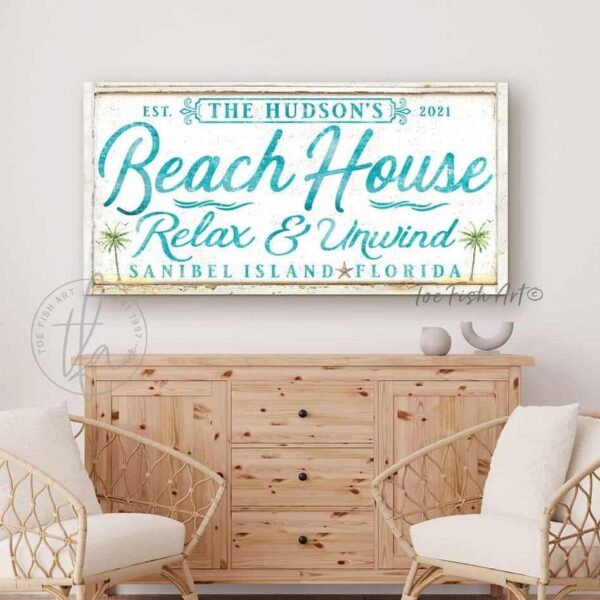 Beach House Sign handmade by ToeFishArt. Original, custom, personalized wall decor signs. Canvas, Wood or Metal. Rustic modern farmhouse, cottagecore, vintage, retro, industrial, Americana, primitive, country, coastal, minimalist.