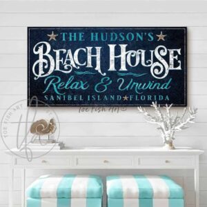 Beach House Sign handmade by ToeFishArt. Original, custom, personalized wall decor signs. Canvas, Wood or Metal. Rustic modern farmhouse, cottagecore, vintage, retro, industrial, Americana, primitive, country, coastal, minimalist.