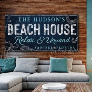 Beach House Sign handmade by ToeFishArt. Original, custom, personalized wall decor signs. Canvas, Wood or Metal. Rustic modern farmhouse, cottagecore, vintage, retro, industrial, Americana, primitive, country, coastal, minimalist.