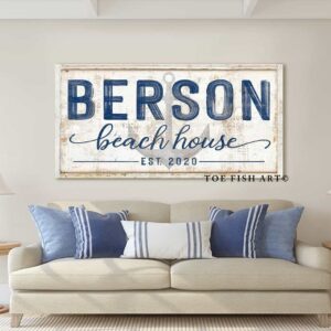 Beach House Sign handmade by ToeFishArt. Original, custom, personalized wall decor signs. Canvas, Wood or Metal. Rustic modern farmhouse, cottagecore, vintage, retro, industrial, Americana, primitive, country, coastal, minimalist.