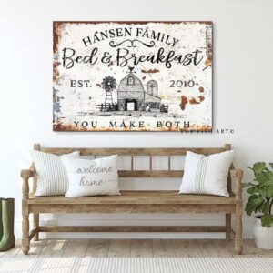 Bed & Breakfast You Make Both Sign handmade by ToeFishArt. Original, custom, personalized wall decor signs. Canvas, Wood or Metal. Rustic modern farmhouse, cottagecore, vintage, retro, industrial, Americana, primitive, country, coastal, minimalist.