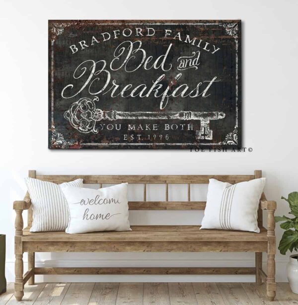 Bed and Breakfast Sign handmade by ToeFishArt. Original, custom, personalized wall decor signs. Canvas, Wood or Metal. Rustic modern farmhouse, cottagecore, vintage, retro, industrial, Americana, primitive, country, coastal, minimalist.