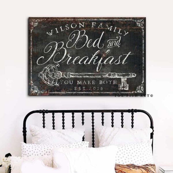 Bed and Breakfast Sign handmade by ToeFishArt. Original, custom, personalized wall decor signs. Canvas, Wood or Metal. Rustic modern farmhouse, cottagecore, vintage, retro, industrial, Americana, primitive, country, coastal, minimalist.