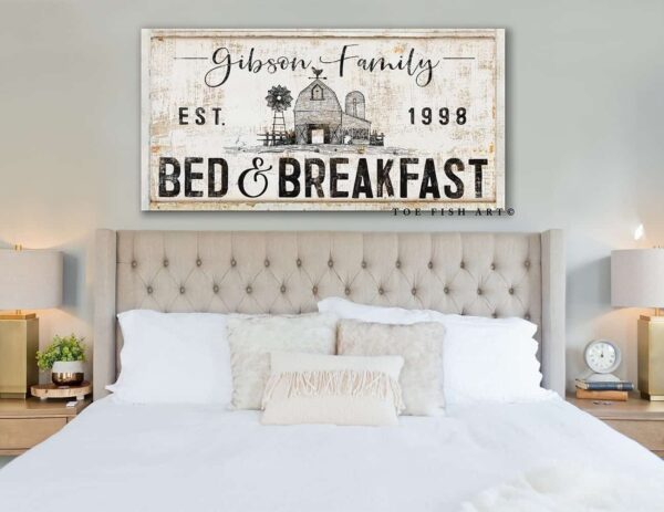 Bed and Breakfast Sign handmade by ToeFishArt. Original, custom, personalized wall decor signs. Canvas, Wood or Metal. Rustic modern farmhouse, cottagecore, vintage, retro, industrial, Americana, primitive, country, coastal, minimalist.