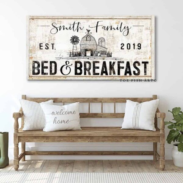 Bed and Breakfast Sign handmade by ToeFishArt. Original, custom, personalized wall decor signs. Canvas, Wood or Metal. Rustic modern farmhouse, cottagecore, vintage, retro, industrial, Americana, primitive, country, coastal, minimalist.