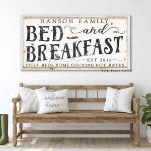Bed and Breakfast Sign handmade by ToeFishArt. Original, custom, personalized wall decor signs. Canvas, Wood or Metal. Rustic modern farmhouse, cottagecore, vintage, retro, industrial, Americana, primitive, country, coastal, minimalist.