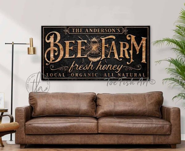 Bee Farm Sign handmade by ToeFishArt. Original, custom, personalized wall decor signs. Canvas, Wood or Metal. Rustic modern farmhouse, cottagecore, vintage, retro, industrial, Americana, primitive, country, coastal, minimalist.