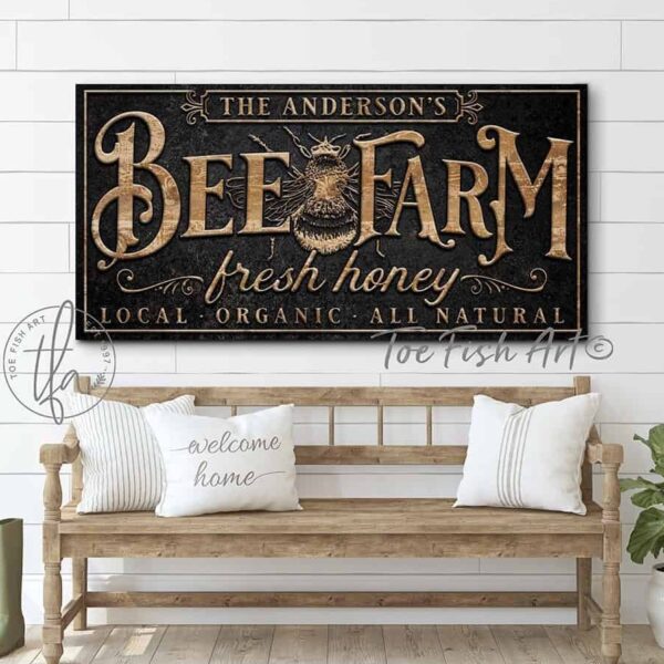 Bee Farm Sign handmade by ToeFishArt. Original, custom, personalized wall decor signs. Canvas, Wood or Metal. Rustic modern farmhouse, cottagecore, vintage, retro, industrial, Americana, primitive, country, coastal, minimalist.