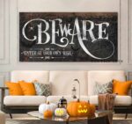 Beware Enter at Your Own Risk Sign handmade by ToeFishArt. Original, custom, personalized wall decor signs. Canvas, Wood or Metal. Rustic modern farmhouse, cottagecore, vintage, retro, industrial, Americana, primitive, country, coastal, minimalist.