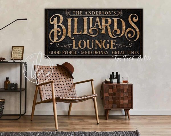 Billiards Lounge Sign handmade by ToeFishArt. Original, custom, personalized wall decor signs. Canvas, Wood or Metal. Rustic modern farmhouse, cottagecore, vintage, retro, industrial, Americana, primitive, country, coastal, minimalist.