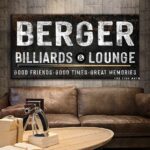 Billiards & Lounge Sign handmade by ToeFishArt. Original, custom, personalized wall decor signs. Canvas, Wood or Metal. Rustic modern farmhouse, cottagecore, vintage, retro, industrial, Americana, primitive, country, coastal, minimalist.