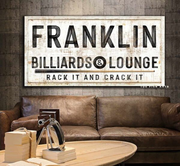 Billiards & Lounge Sign handmade by ToeFishArt. Original, custom, personalized wall decor signs. Canvas, Wood or Metal. Rustic modern farmhouse, cottagecore, vintage, retro, industrial, Americana, primitive, country, coastal, minimalist.