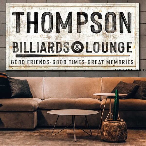 Billiards & Lounge Sign handmade by ToeFishArt. Original, custom, personalized wall decor signs. Canvas, Wood or Metal. Rustic modern farmhouse, cottagecore, vintage, retro, industrial, Americana, primitive, country, coastal, minimalist.