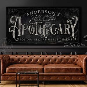 Black Cat Apothecary Personalized Sign handmade by ToeFishArt. Original, custom, personalized wall decor signs. Canvas, Wood or Metal. Rustic modern farmhouse, cottagecore, vintage, retro, industrial, Americana, primitive, country, coastal, minimalist.