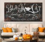 Black Cat Trading Company Sign handmade by ToeFishArt. Original, custom, personalized wall decor signs. Canvas, Wood or Metal. Rustic modern farmhouse, cottagecore, vintage, retro, industrial, Americana, primitive, country, coastal, minimalist.