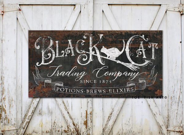 Black Cat Trading Company Sign handmade by ToeFishArt. Original, custom, personalized wall decor signs. Canvas, Wood or Metal. Rustic modern farmhouse, cottagecore, vintage, retro, industrial, Americana, primitive, country, coastal, minimalist.