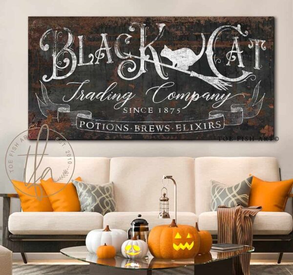 Black Cat Trading Company Sign handmade by ToeFishArt. Original, custom, personalized wall decor signs. Canvas, Wood or Metal. Rustic modern farmhouse, cottagecore, vintage, retro, industrial, Americana, primitive, country, coastal, minimalist.