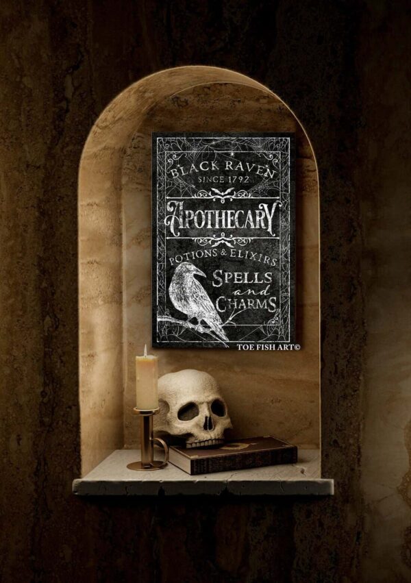Black Raven Apothecary Sign handmade by ToeFishArt. Original, custom, personalized wall decor signs. Canvas, Wood or Metal. Rustic modern farmhouse, cottagecore, vintage, retro, industrial, Americana, primitive, country, coastal, minimalist.