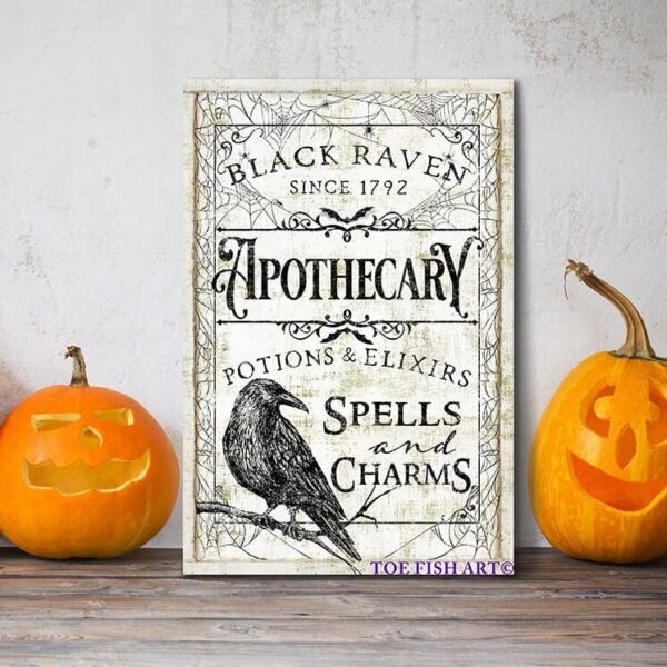 Black Raven Apothecary Sign handmade by ToeFishArt. Original, custom, personalized wall decor signs. Canvas, Wood or Metal. Rustic modern farmhouse, cottagecore, vintage, retro, industrial, Americana, primitive, country, coastal, minimalist.