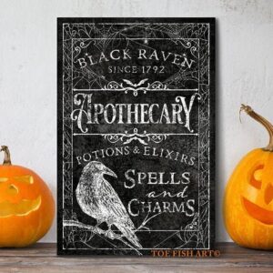 Black Raven Apothecary Sign handmade by ToeFishArt. Original, custom, personalized wall decor signs. Canvas, Wood or Metal. Rustic modern farmhouse, cottagecore, vintage, retro, industrial, Americana, primitive, country, coastal, minimalist.