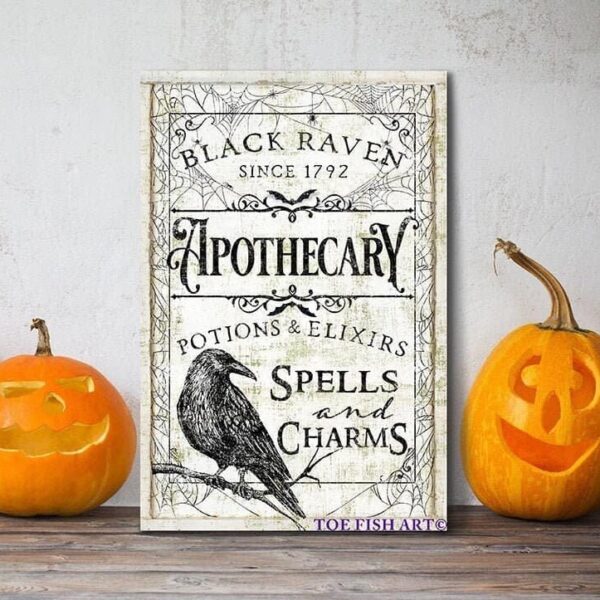 Black Raven Apothecary Sign handmade by ToeFishArt. Original, custom, personalized wall decor signs. Canvas, Wood or Metal. Rustic modern farmhouse, cottagecore, vintage, retro, industrial, Americana, primitive, country, coastal, minimalist.