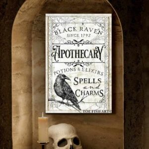 Black Raven Apothecary Sign handmade by ToeFishArt. Original, custom, personalized wall decor signs. Canvas, Wood or Metal. Rustic modern farmhouse, cottagecore, vintage, retro, industrial, Americana, primitive, country, coastal, minimalist.
