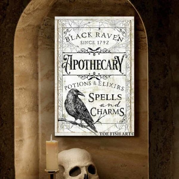 Black Raven Apothecary Sign handmade by ToeFishArt. Original, custom, personalized wall decor signs. Canvas, Wood or Metal. Rustic modern farmhouse, cottagecore, vintage, retro, industrial, Americana, primitive, country, coastal, minimalist.