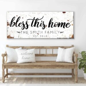 Bless This Home Sign handmade by ToeFishArt. Original, custom, personalized wall decor signs. Canvas, Wood or Metal. Rustic modern farmhouse, cottagecore, vintage, retro, industrial, Americana, primitive, country, coastal, minimalist.