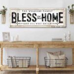 Bless This Home and All Who Enter Sign handmade by ToeFishArt. Original, custom, personalized wall decor signs. Canvas, Wood or Metal. Rustic modern farmhouse, cottagecore, vintage, retro, industrial, Americana, primitive, country, coastal, minimalist.