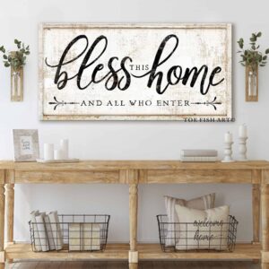 Bless This Home and All Who Enter Sign handmade by ToeFishArt. Original, custom, personalized wall decor signs. Canvas, Wood or Metal. Rustic modern farmhouse, cottagecore, vintage, retro, industrial, Americana, primitive, country, coastal, minimalist.