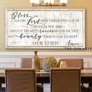 Bless Us Oh Lord Sign handmade by ToeFishArt. Original, custom, personalized wall decor signs. Canvas, Wood or Metal. Rustic modern farmhouse, cottagecore, vintage, retro, industrial, Americana, primitive, country, coastal, minimalist.
