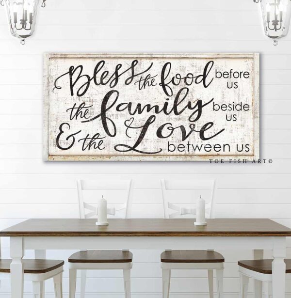 Bless the Food Before Us Sign handmade by ToeFishArt. Original, custom, personalized wall decor signs. Canvas, Wood or Metal. Rustic modern farmhouse, cottagecore, vintage, retro, industrial, Americana, primitive, country, coastal, minimalist.