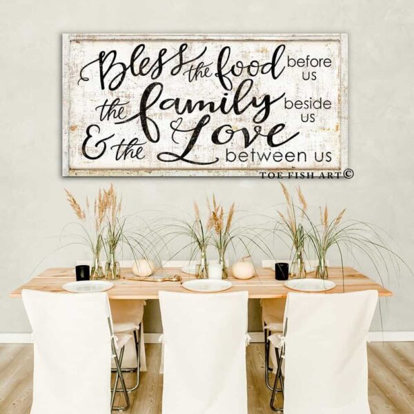 Bless the Food Before Us Sign handmade by ToeFishArt. Original, custom, personalized wall decor signs. Canvas, Wood or Metal. Rustic modern farmhouse, cottagecore, vintage, retro, industrial, Americana, primitive, country, coastal, minimalist.