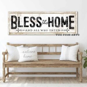 Bless this Home Sign handmade by ToeFishArt. Original, custom, personalized wall decor signs. Canvas, Wood or Metal. Rustic modern farmhouse, cottagecore, vintage, retro, industrial, Americana, primitive, country, coastal, minimalist.