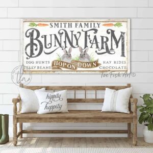 Bunny Farm Sign handmade by ToeFishArt. Original, custom, personalized wall decor signs. Canvas, Wood or Metal. Rustic modern farmhouse, cottagecore, vintage, retro, industrial, Americana, primitive, country, coastal, minimalist.