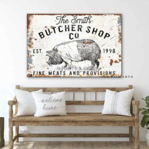 Butcher Shop Co. Sign handmade by ToeFishArt. Original, custom, personalized wall decor signs. Canvas, Wood or Metal. Rustic modern farmhouse, cottagecore, vintage, retro, industrial, Americana, primitive, country, coastal, minimalist.