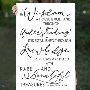 By Wisdom a House is Built Sign handmade by ToeFishArt. Original, custom, personalized wall decor signs. Canvas, Wood or Metal. Rustic modern farmhouse, cottagecore, vintage, retro, industrial, Americana, primitive, country, coastal, minimalist.