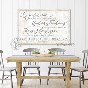 By Wisdom a House is Built Sign handmade by ToeFishArt. Original, custom, personalized wall decor signs. Canvas, Wood or Metal. Rustic modern farmhouse, cottagecore, vintage, retro, industrial, Americana, primitive, country, coastal, minimalist.