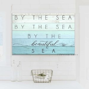 By the Sea Sign handmade by ToeFishArt. Original, custom, personalized wall decor signs. Canvas, Wood or Metal. Rustic modern farmhouse, cottagecore, vintage, retro, industrial, Americana, primitive, country, coastal, minimalist.