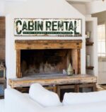 Cabin Rental Sign handmade by ToeFishArt. Original, custom, personalized wall decor signs. Canvas, Wood or Metal. Rustic modern farmhouse, cottagecore, vintage, retro, industrial, Americana, primitive, country, coastal, minimalist.