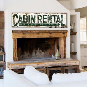 Cabin Rental Sign handmade by ToeFishArt. Original, custom, personalized wall decor signs. Canvas, Wood or Metal. Rustic modern farmhouse, cottagecore, vintage, retro, industrial, Americana, primitive, country, coastal, minimalist.