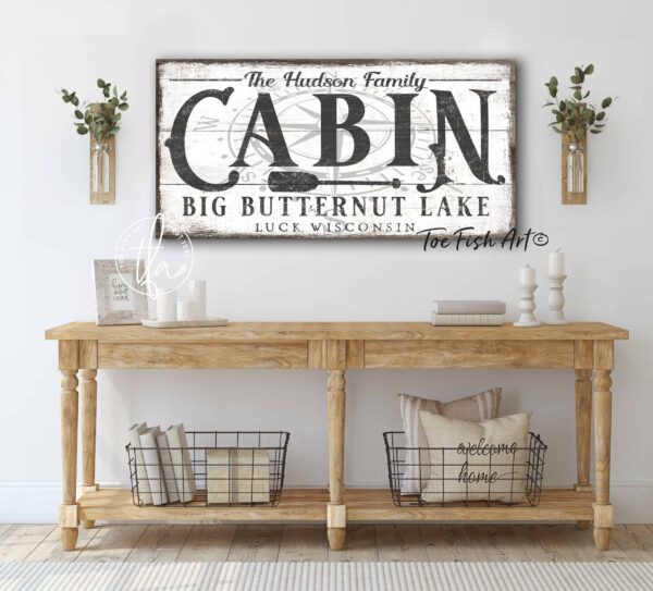 Cabin Sign handmade by ToeFishArt. Original, custom, personalized wall decor signs. Canvas, Wood or Metal. Rustic modern farmhouse, cottagecore, vintage, retro, industrial, Americana, primitive, country, coastal, minimalist.