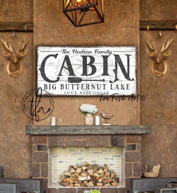 Cabin Sign handmade by ToeFishArt. Original, custom, personalized wall decor signs. Canvas, Wood or Metal. Rustic modern farmhouse, cottagecore, vintage, retro, industrial, Americana, primitive, country, coastal, minimalist.