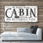 Cabin Sign handmade by ToeFishArt. Original, custom, personalized wall decor signs. Canvas, Wood or Metal. Rustic modern farmhouse, cottagecore, vintage, retro, industrial, Americana, primitive, country, coastal, minimalist.