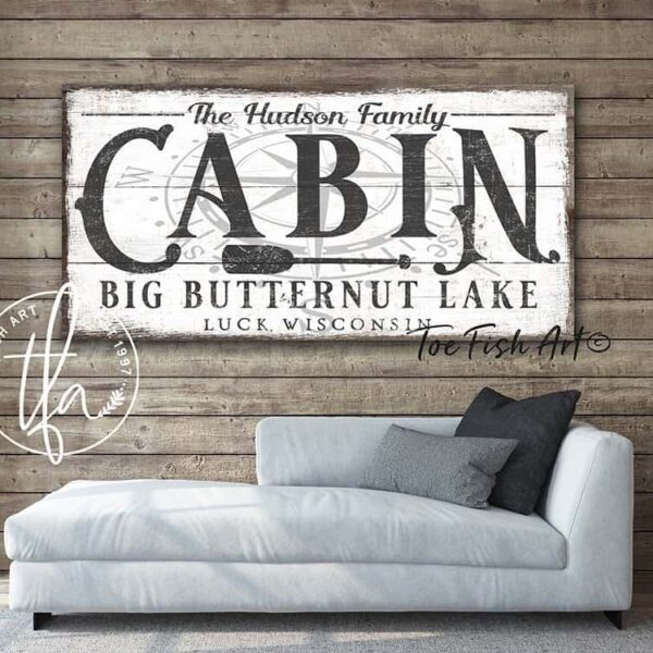 Cabin Sign handmade by ToeFishArt. Original, custom, personalized wall decor signs. Canvas, Wood or Metal. Rustic modern farmhouse, cottagecore, vintage, retro, industrial, Americana, primitive, country, coastal, minimalist.