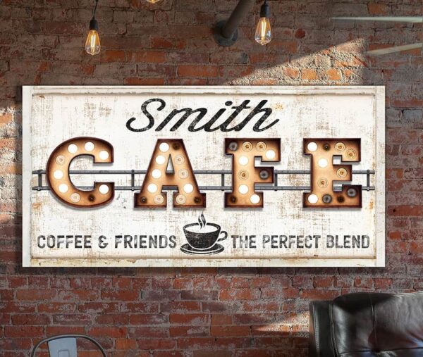 Café "Marquee"-style Sign handmade by ToeFishArt. Original, custom, personalized wall decor signs. Canvas, Wood or Metal. Rustic modern farmhouse, cottagecore, vintage, retro, industrial, Americana, primitive, country, coastal, minimalist.