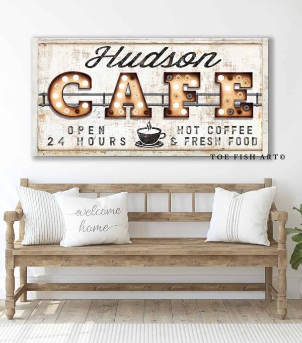 Café "Marquee"-style Sign handmade by ToeFishArt. Original, custom, personalized wall decor signs. Canvas, Wood or Metal. Rustic modern farmhouse, cottagecore, vintage, retro, industrial, Americana, primitive, country, coastal, minimalist.