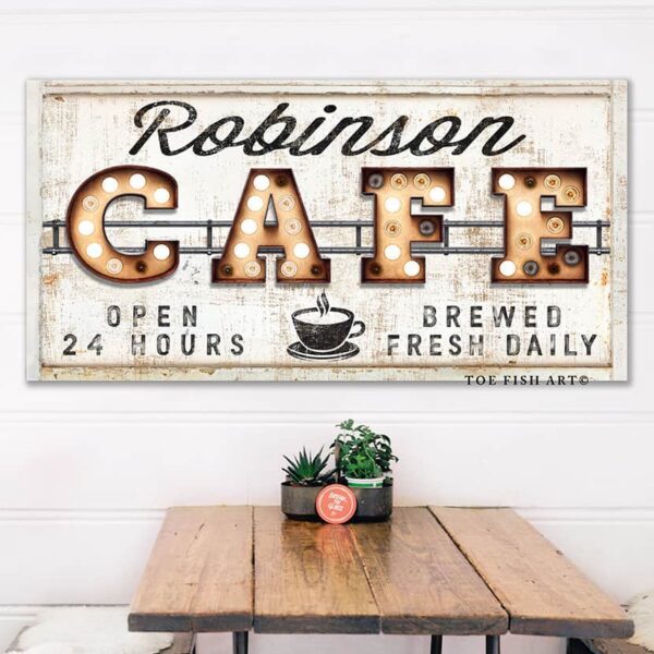 Café "Marquee"-style Sign handmade by ToeFishArt. Original, custom, personalized wall decor signs. Canvas, Wood or Metal. Rustic modern farmhouse, cottagecore, vintage, retro, industrial, Americana, primitive, country, coastal, minimalist.