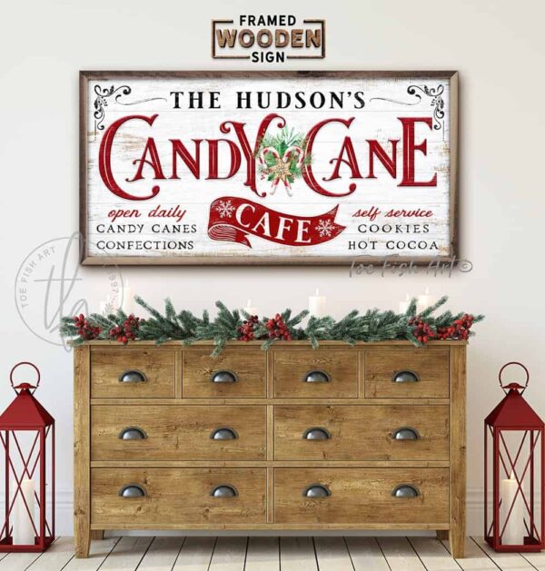 Candy Cane Café Personalized Framed Wood Sign Candy Canes Confections Cookies Hot Cooca handmade by ToeFishArt. Original, custom, personalized wall decor signs. Canvas, Wood or Metal. Rustic modern farmhouse, cottagecore, vintage, retro, industrial, Americana, primitive, country, coastal, minimalist.