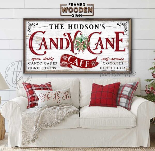 Candy Cane Café Personalized Framed Wood Sign Candy Canes Confections Cookies Hot Cooca handmade by ToeFishArt. Original, custom, personalized wall decor signs. Canvas, Wood or Metal. Rustic modern farmhouse, cottagecore, vintage, retro, industrial, Americana, primitive, country, coastal, minimalist.